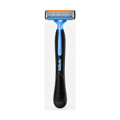 Gillette men's shaving razor with a black and blue handle and an orange and blue multi-blade head, shown on a light gray background.