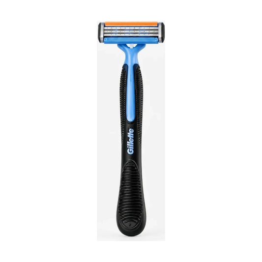 Gillette men's shaving razor with a black and blue handle and an orange and blue multi-blade head, shown on a light gray background.