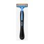Gillette men's shaving razor with a black and blue handle and an orange and blue multi-blade head, shown on a light gray background.