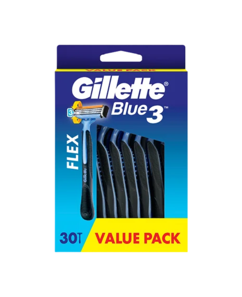 Gillette Blue 3 Flex 30-count value pack razor package on a white background.