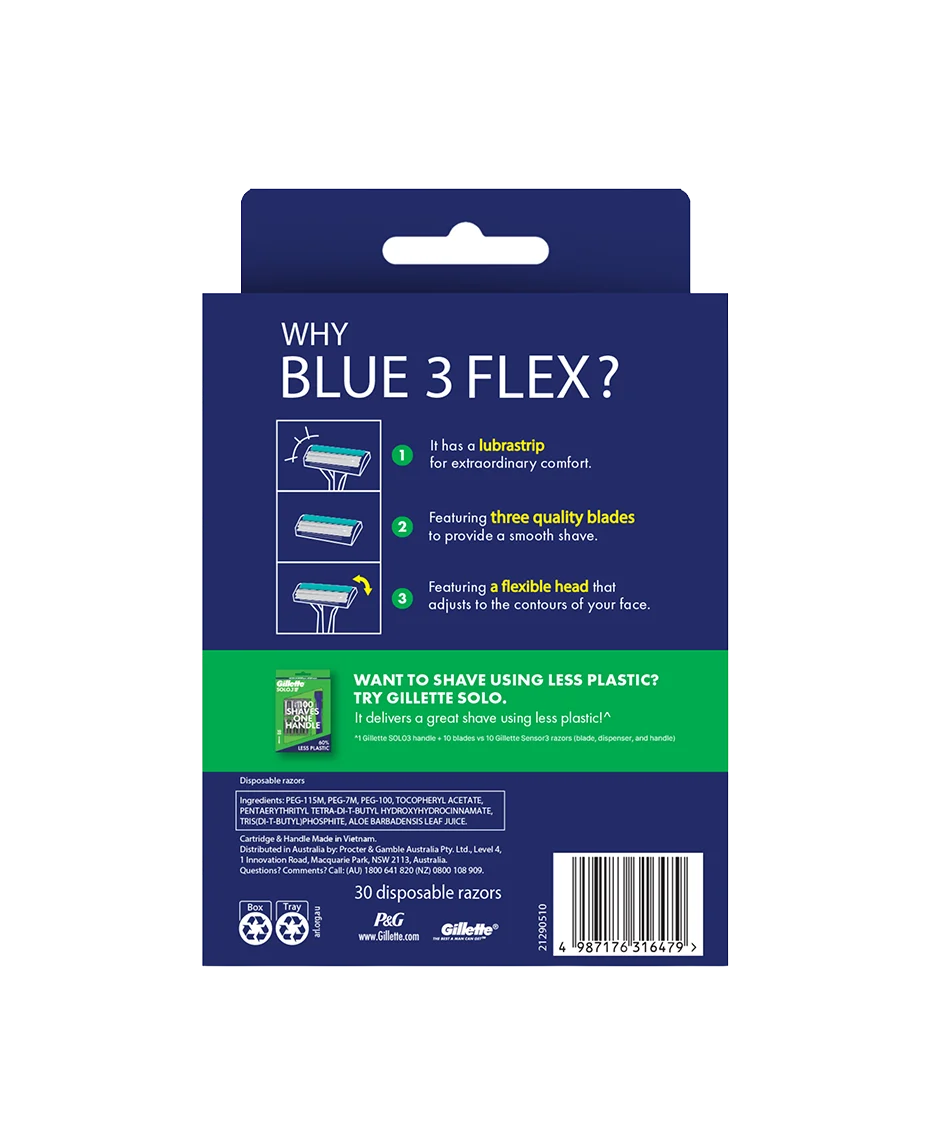 Back of the retail packaging for Gillette Blue 3 Flex disposable razors, featuring product benefits, usage information, a barcode, and a green callout panel.