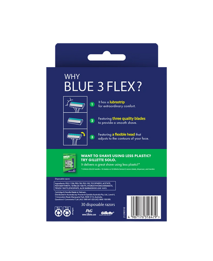 Back of the retail packaging for Gillette Blue 3 Flex disposable razors, featuring product benefits, usage information, a barcode, and a green callout panel.