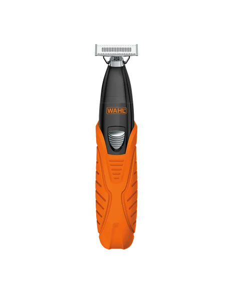 A WAHC electric trimmer with a bright orange textured handle, a black central grip, and a silver metal head, shown against a plain white background.
