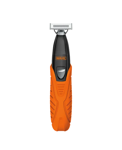 A WAHC electric trimmer with a bright orange textured handle, a black central grip, and a silver metal head, shown against a plain white background.