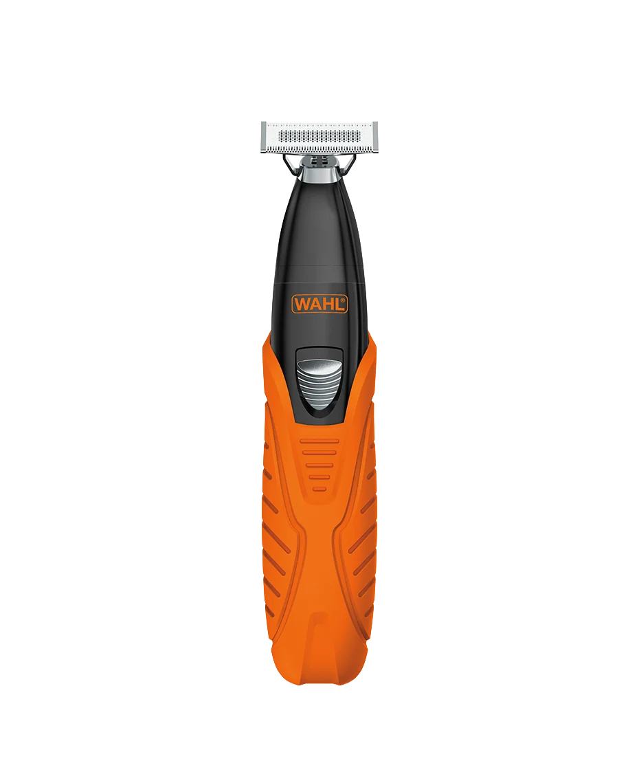 A handheld electric trimmer with a bright orange textured handle, a black central body, and a silver metal head, shown against a plain white background. The brand name 'WAHC' is printed in orange on the black section.