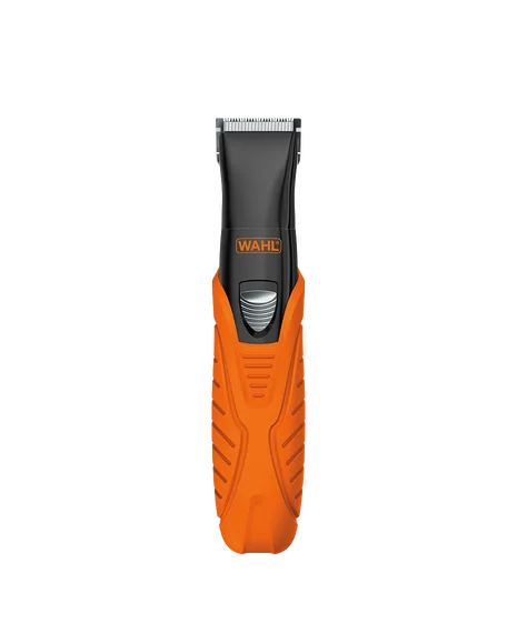 WAHC cordless hair trimmer with a bright orange textured handle and a black cutting head, shown against a solid white background.