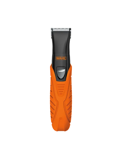 WAHC cordless hair trimmer with a bright orange textured handle and a black cutting head, shown against a solid white background.