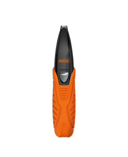 WAHC electric trimmer with a black metal head and an orange textured handle, shown vertically against a solid white background.