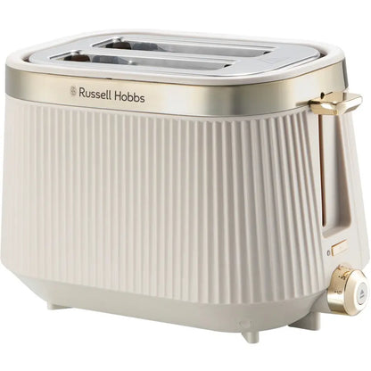 Beige toaster with metallic finish on a white background, featuring the Russell Hobbs logo.