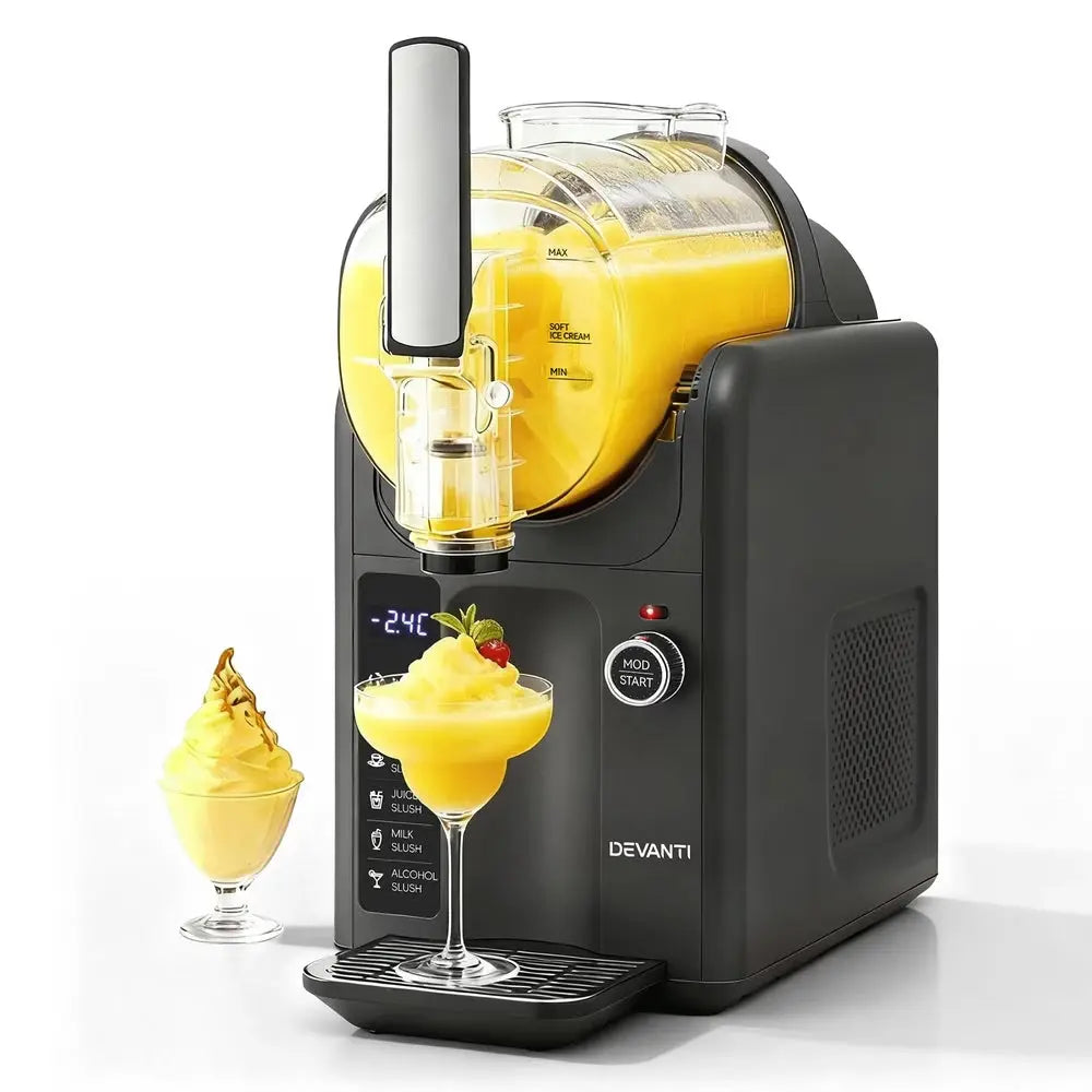 Devanti frozen yogurt and ice cream machine with a glass of yellow dessert on a white background