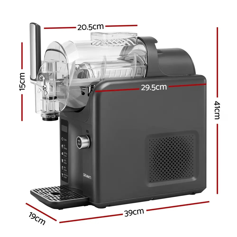 Black Slushie maker with dimensions labeled on a white background