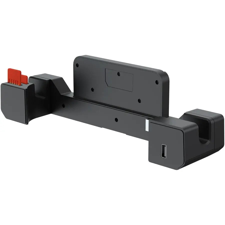Black electronic device with red component on a white background