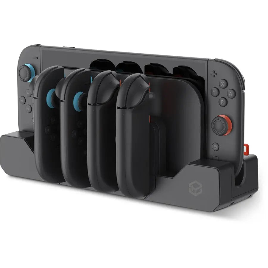 Gaming controller charging station with multiple controllers on a white background