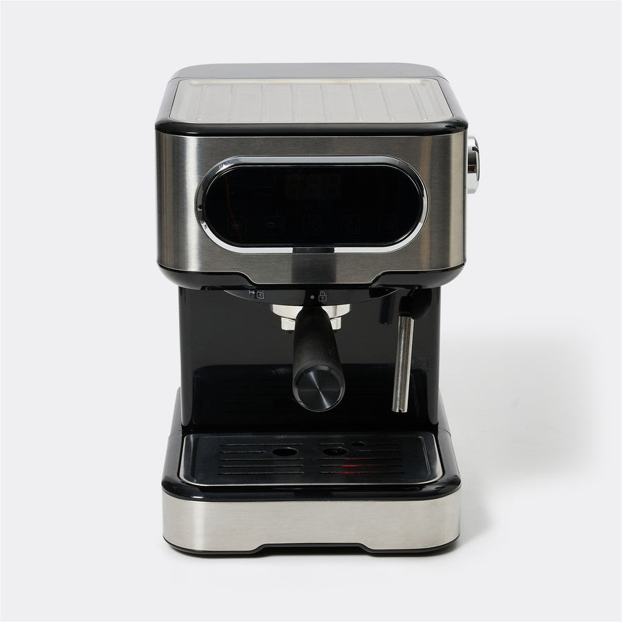 A compact espresso machine with a brushed stainless steel body and black accents, featuring a portafilter and steam wand, photographed on a light gray background.