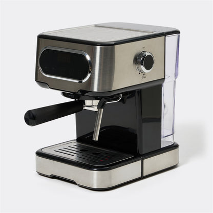 A compact espresso machine with a brushed stainless steel body, black accents, a clear water tank, and a black steam wand handle, shown on a light gray background.
