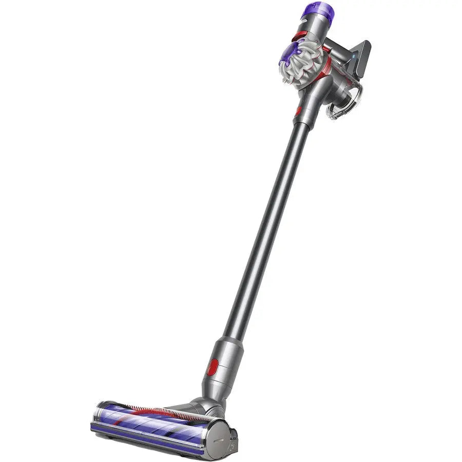 Silver and purple Dyson V8 vacuum cleaner on a white background