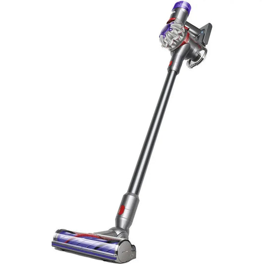 Silver and purple Dyson V8 vacuum cleaner on a white background
