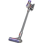 Silver and purple Dyson V8 vacuum cleaner on a white background