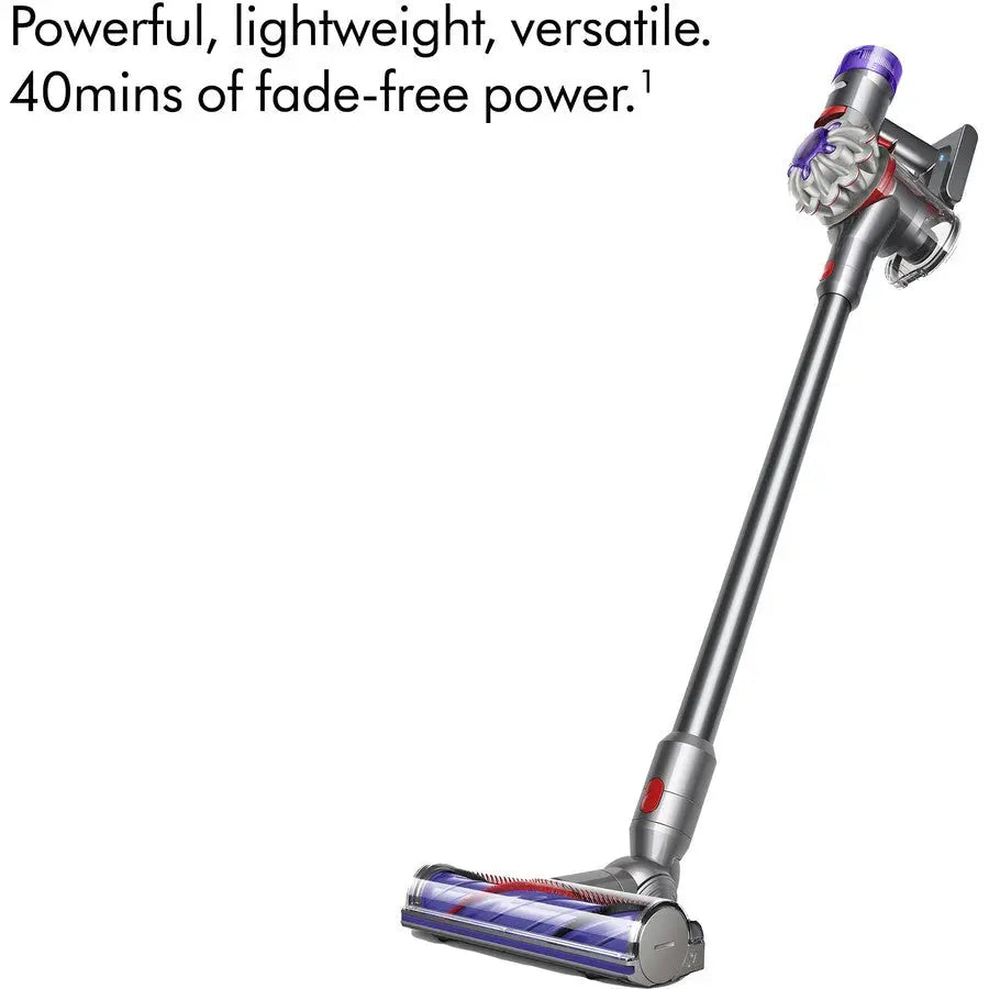 Dyson V8 vacuum cleaner with text highlighting features on a white background