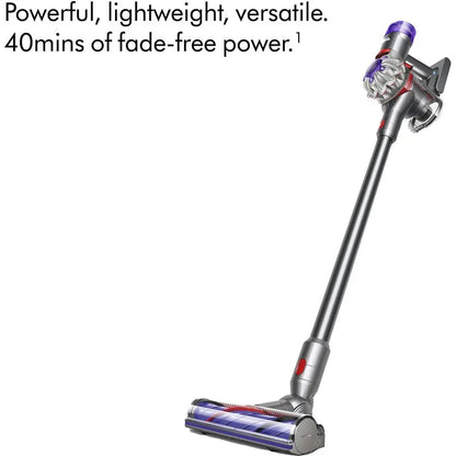 Dyson V8 vacuum cleaner with text highlighting features on a white background