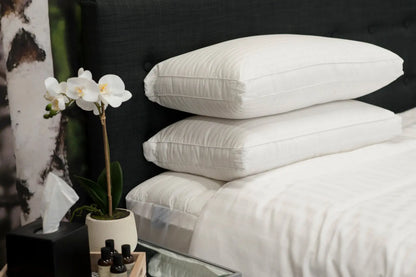Belissimo Luxury Hotel Pillow Twin Pack - 100% cotton sateen stripe pillows, Australian made, 43x70cm, styled on a hotel-style bed