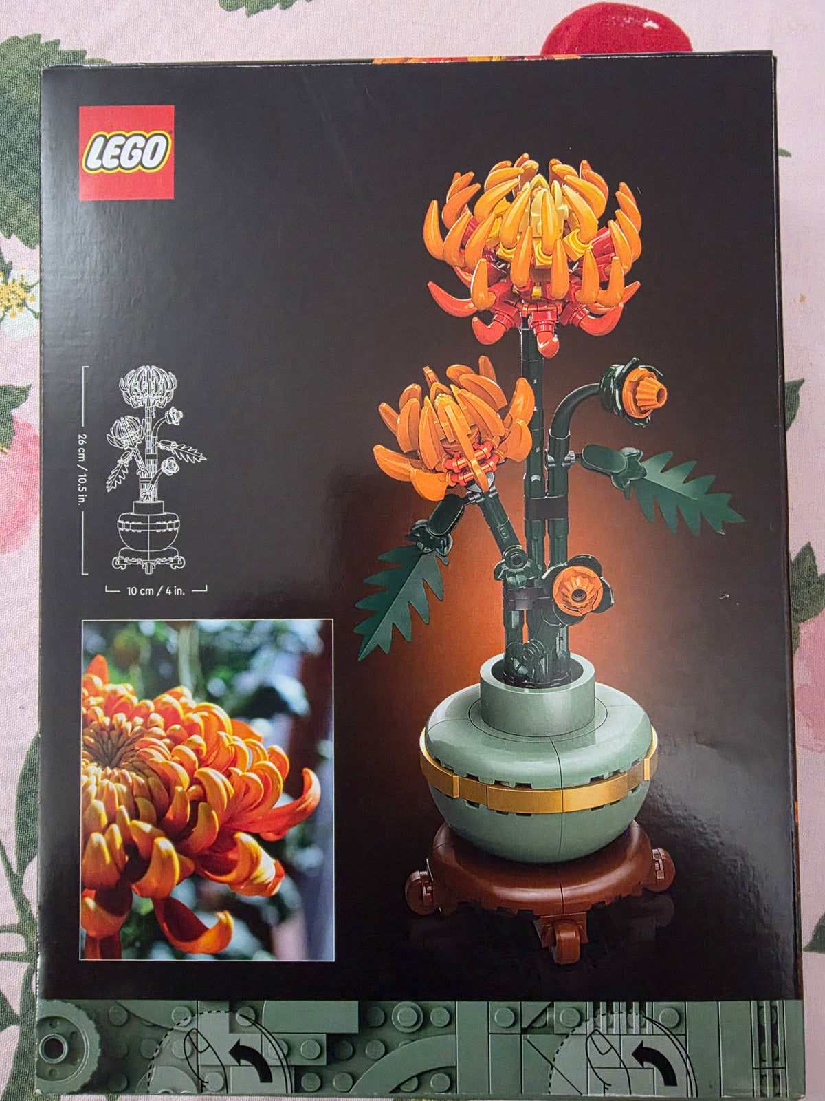 LEGO brick building set box featuring a decorative chrysanthemum model, with the LEGO logo in the top left and a photo of the assembled flower on the front.