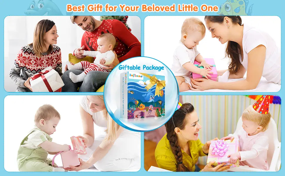 Promotional image for a gift package for babies, showing parents and children with a toy and gift.