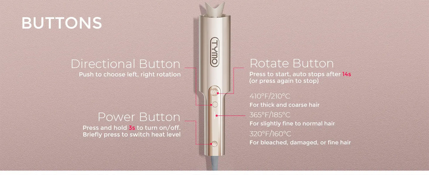 Hair straightener with labeled buttons on a pink background