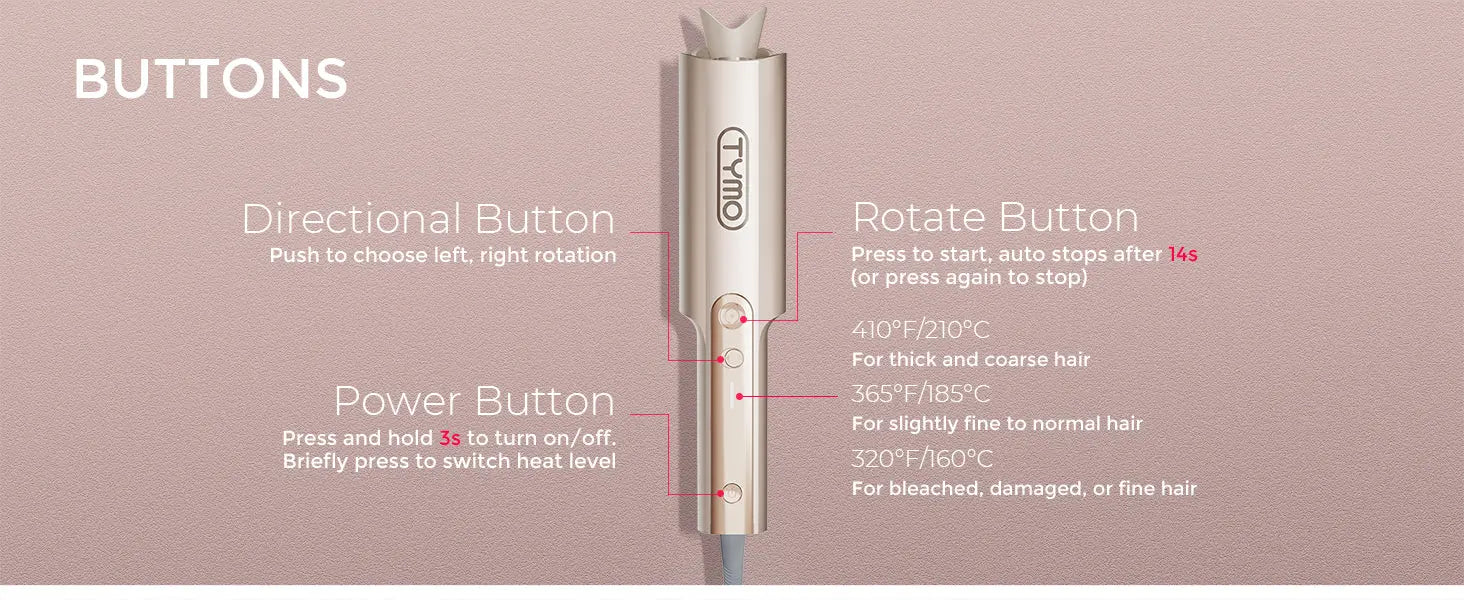 Hair straightener with labeled buttons on a pink background