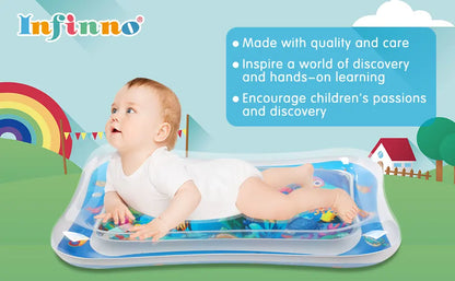 Baby playing on an inflatable play mat with colorful background and 'Infinno' branding.