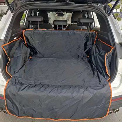 Car trunk with a black pet cover and orange trim