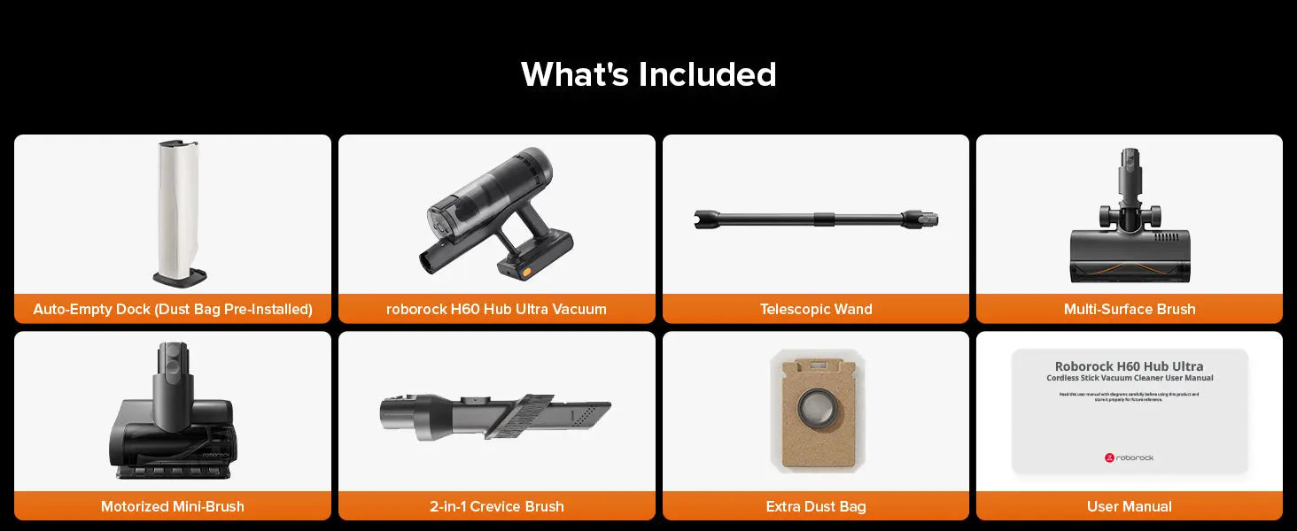 List of included items with images and text on a black background