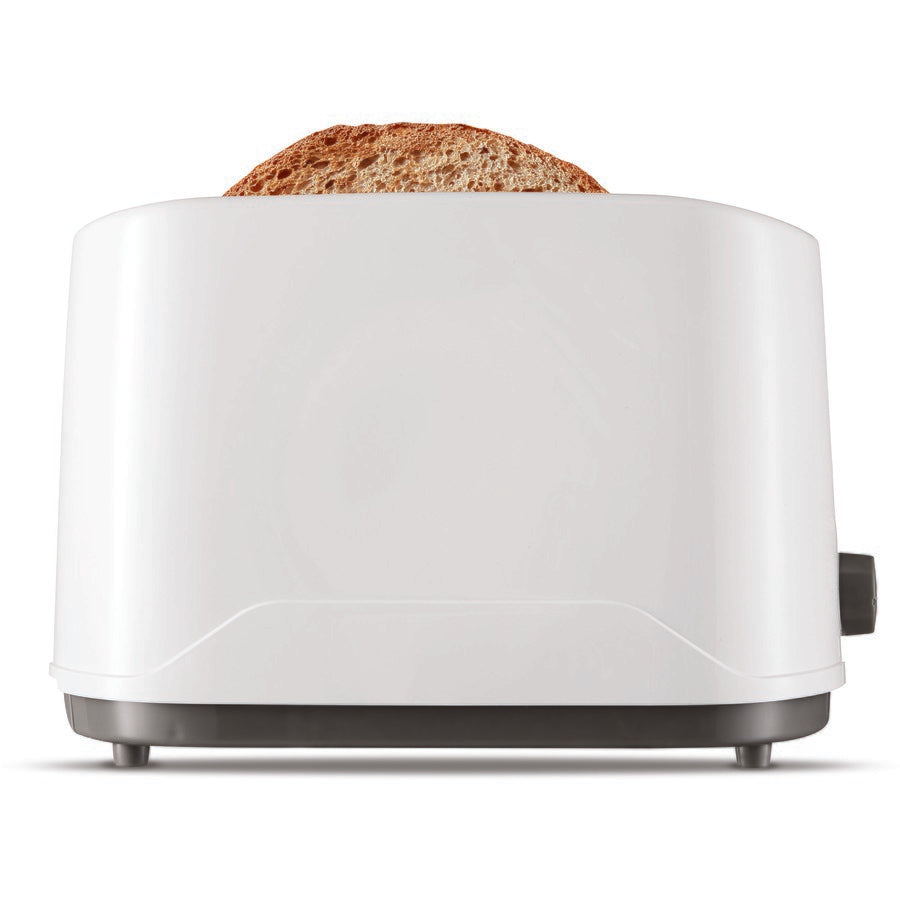 White toaster with a slice of bread on a white background