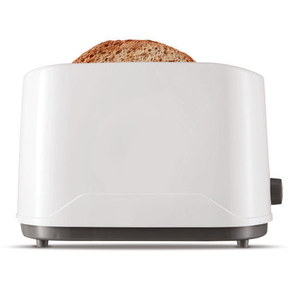 White toaster with a slice of bread on a white background
