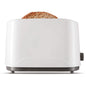White toaster with a slice of bread on a white background