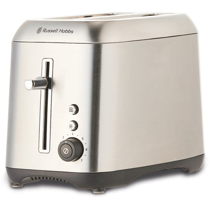 Silver Russell Hobbs toaster with Russell Hobbs logo on a white background