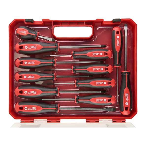 A Milwaukee 3-piece screwdriver set in a red plastic case, featuring red and black handles with silver metal shafts.