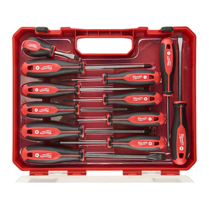 A Milwaukee 3-piece screwdriver set in a red plastic case, featuring red and black handles with silver metal shafts.