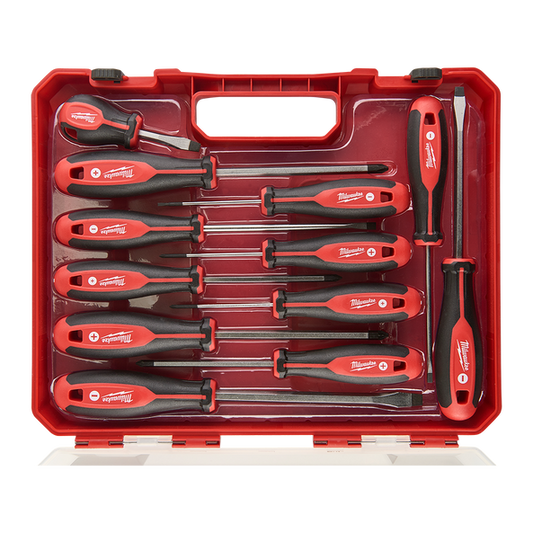 A Milwaukee 3-piece screwdriver set in a red plastic case, featuring red and black handles with silver metal shafts.