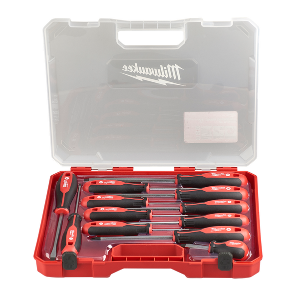 Milwaukee screwdriver set in a red plastic case with an open transparent lid, photographed on a white background.