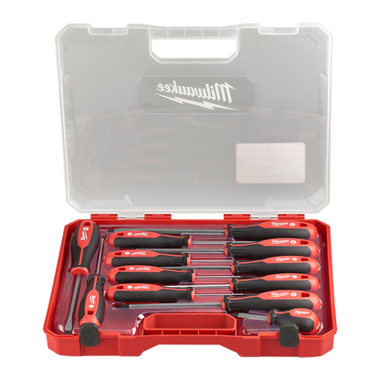 Milwaukee screwdriver set in a red plastic case with an open transparent lid, photographed on a white background.