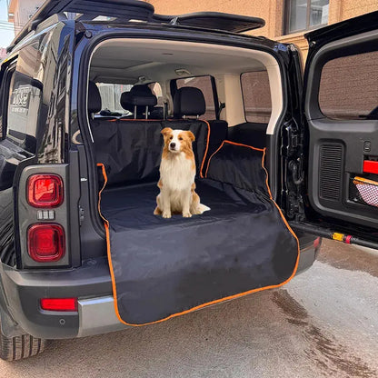 Dog sitting on a car mat in the open trunk of a vehicle