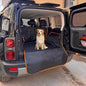 Dog sitting on a car mat in the open trunk of a vehicle