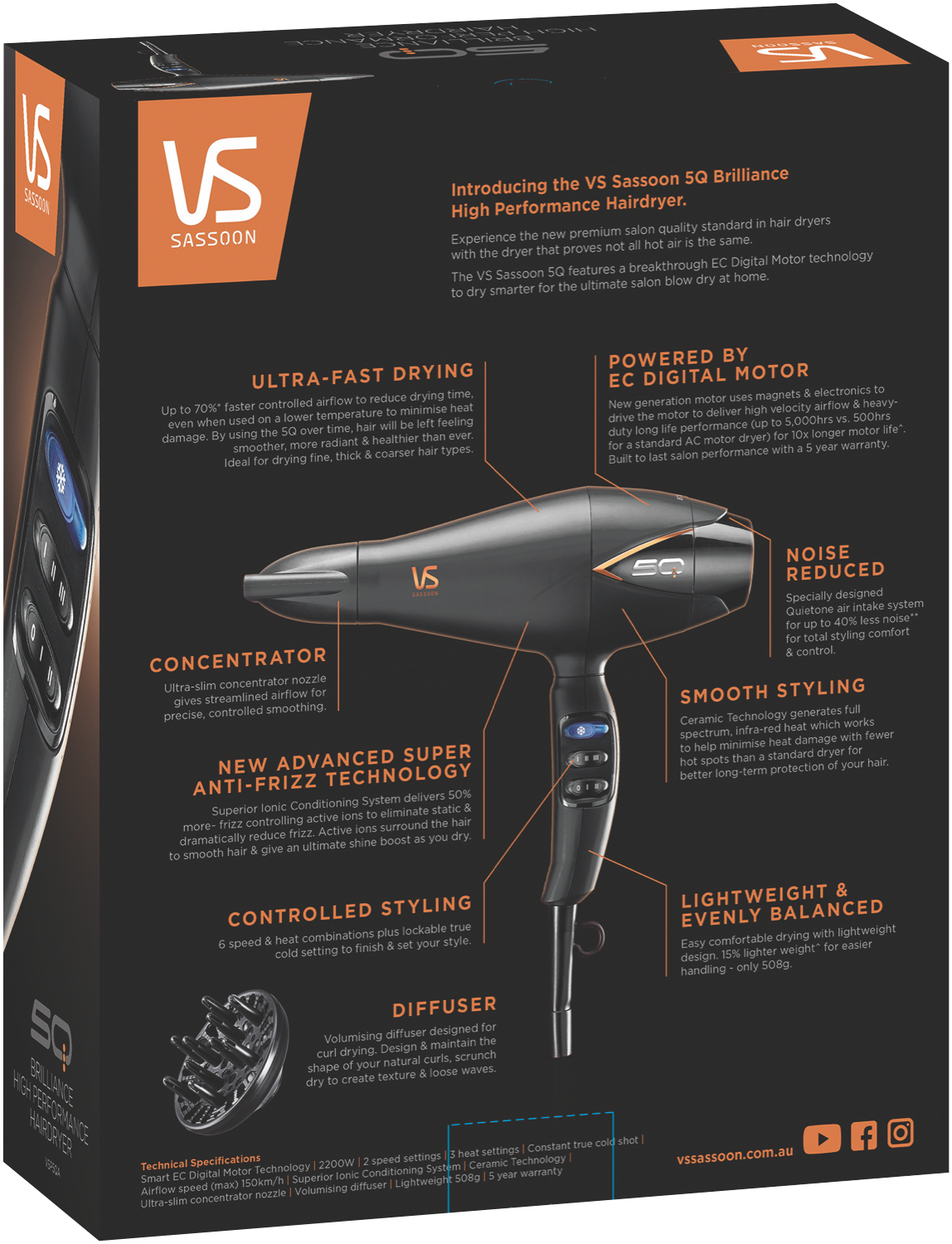 VS Sassoon 5Q Brilliance hair dryer retail box back
