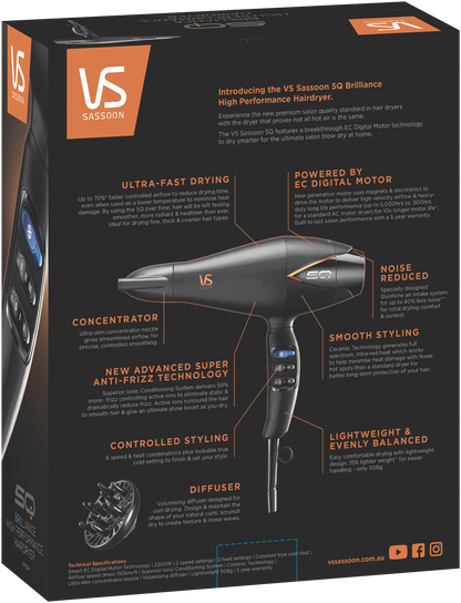 VS Sassoon 5Q Brilliance hair dryer retail box back
