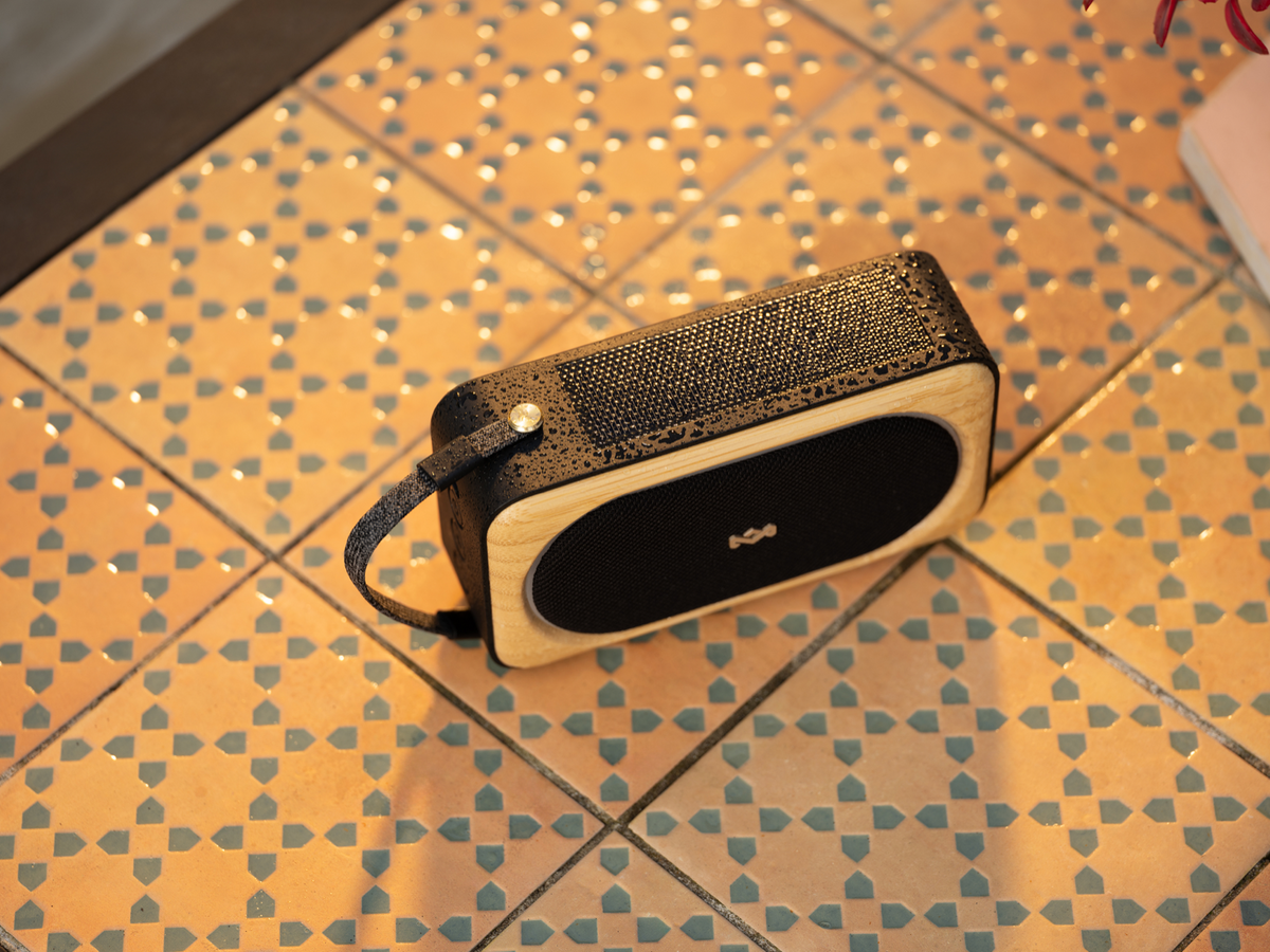 Marley Roots Solar speaker on tiled floor