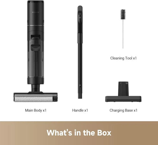 Suction cleaner set with main body, handle, charging base, and cleaning tool on a white background.