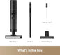 Suction cleaner set with main body, handle, charging base, and cleaning tool on a white background.