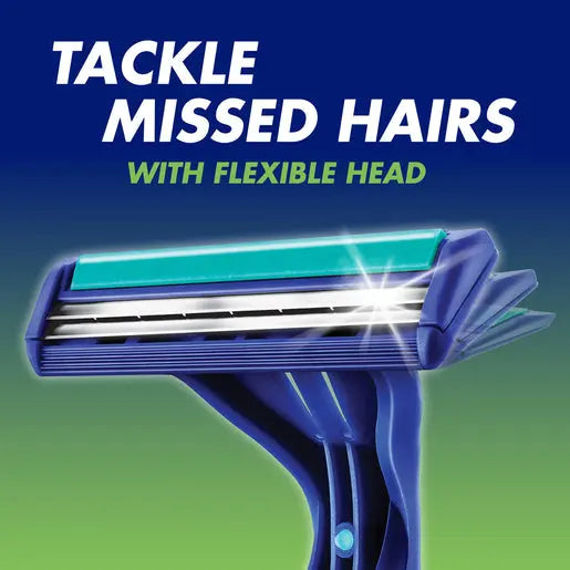 Shaver with text 'Tackle Missed Hairs with Flexible Head' on a blue and green gradient background