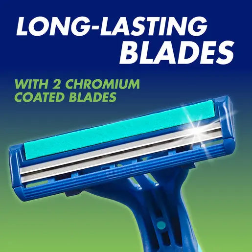 Blue razor with long-lasting blades and chromium coating on a blue and green gradient background